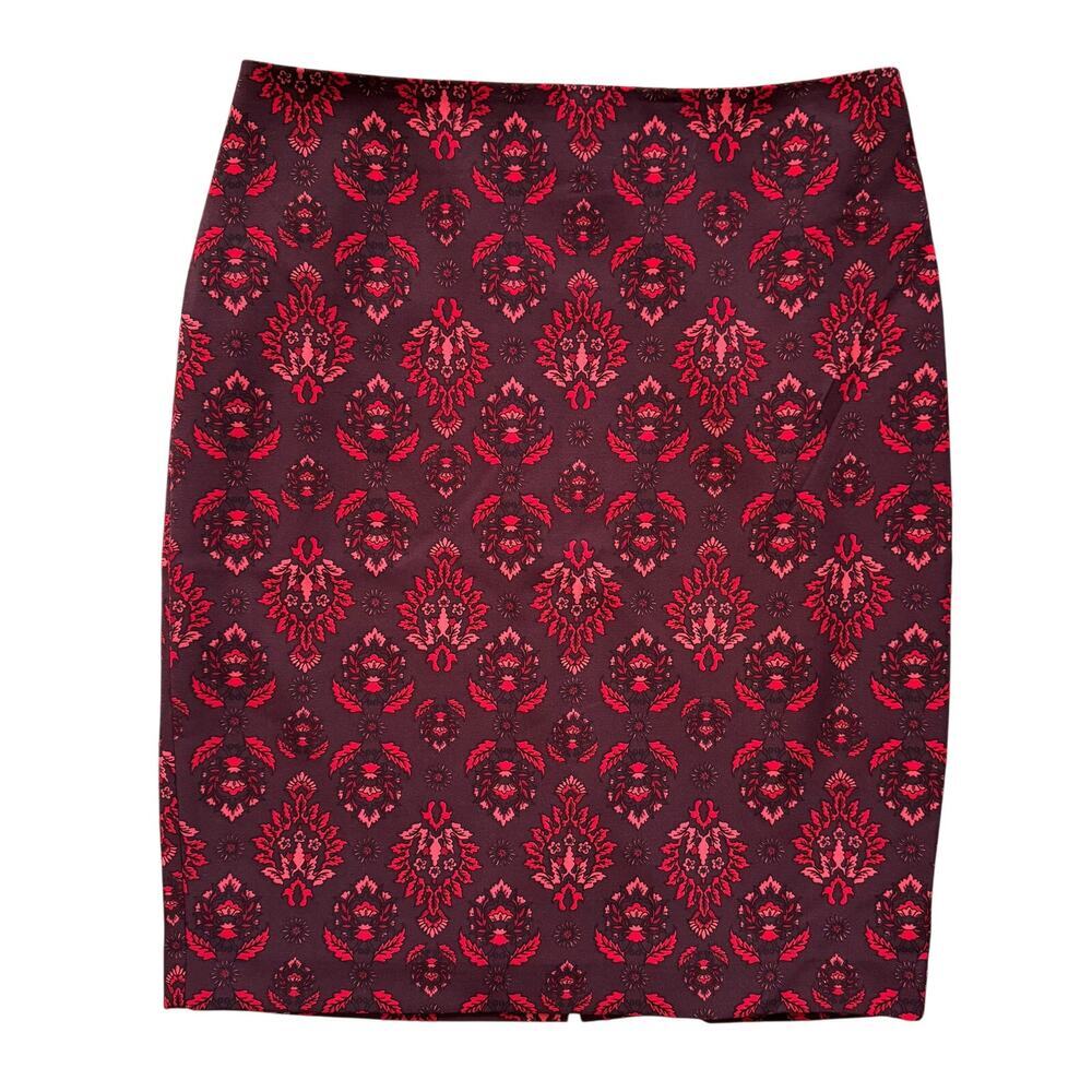 Ann Taylor Pencil Skirt Womens Sz 8 Red Damask Print Lined Professional Academia